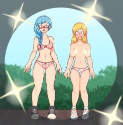 2girls black_sneakers blonde_hair blue_eyes blue_hair bra braided_hair braided_ponytail breasts censored daisy_dew embarrassed female female_only glasses long_hair multiple_girls original_character panties pillow_shading pointy_chin sneakers summer_(undercoverskeleton) tagme throwawayforlulz topless topless_female uc-four yellow_eyes