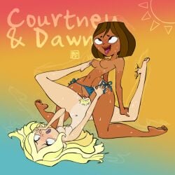 2020 2girls bikini_bottom blonde_hair blue_eyes blush breasts brown_hair courtney_(tdi) dark-skinned_female dark_skin dawn_(tdi) eyebrows eyes_rolling_back female female_only freckles hand_on_own_face hips legs lesbian light-skinned_female light_skin lips lipstick long_hair looking_pleasured looking_up multiple_girls navel nipple_piercing nipples nude oca on_ground open_mouth partially_clothed pierced_nipples piercings pubic_hair purple_lipstick pursed_lips pussy_juice scissoring sweat swimsuit_aside tagme tan_body tanline thighs toes tongue tongue_out total_drama_(series) total_drama_island tribadism yuri