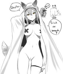 1boy 1girls 2023 alternate_costume animal_ears arknights belly black_and_white breasts covered_pussy doctor_(arknights) gladiusfon hi_res nipples_covered projekt_red_(arknights) simple_background standing tail_motion text wolf_ears wolf_girl wolf_tail