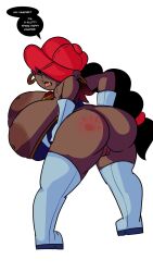 1girls abigail_lincoln ass big_ass big_breasts black_hair boots bottomless braided_ponytail breasts cartoon_network codename:_kids_next_door dark-skinned_female dark_skin dialogue earrings fangs female hat huge_breasts large_breasts long_hair nipples numbuh_5 penlink pussy simple_background spank_marks spanked_butt vampire