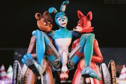 3boys 3d_(artwork) anal anal_sex animatronic ass balls bear bonnie_(fnaf) canid canine digital_media_(artwork) erection five_nights_at_freddy's fnafgamern fox foxy_(fnaf) freddy_(fnaf) fuckboy fur gay genitals girly group group_sex hair hi_res lagomorph leporid machine male male/male mammal nude open_mouth penetration penis rabbit robot scottgames sex source_filmmaker threesome trio