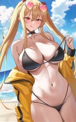 bikini blush choker collar cowboy_shot haks heart-shaped_eyewear huge_breasts jacket licking_lips light_brown_hair navel off_shoulder red_eyes removing_bra saaya_(kirome) slender_waist sunglasses sunglasses_on_head teasing twintails very_long_hair virtual_youtuber