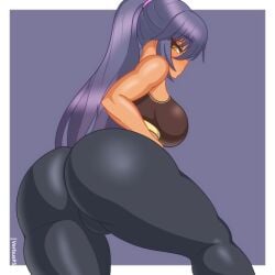 1girls ass ass_focus blush breasts chinatsu_(kuroonehalf) dark-skinned_female dark_skin female from_behind huge_ass leggings long_hair looking_at_viewer looking_back oc original original_character ponytail purple_background purple_hair rear_view solo sports_bra thick_thighs verbus watermark white_background yellow_eyes yoga_pants