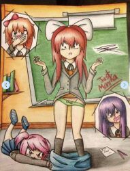 4girls accidental_exposure artist_request artist_unknown blush bow bow_panties doki_doki_literature_club female female_only green_panties long_hair monika_(doki_doki_literature_club) multiple_girls natsuki_(doki_doki_literature_club) nosebleed panties sayori_(doki_doki_literature_club) skirt skirt_pull unknown_artist white_bow yuri_(doki_doki_literature_club)