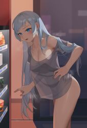 100wang 1girls 2023 after_shower ass blue_eyes blush female female_only fridge highres light-skinned_female light_skin long_hair looking_at_viewer naked_shirt open_mouth rwby scar see-through_clothing shirt shirt_only solo weiss_schnee wet white_hair