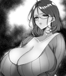 1girls 2023 aizawa_chihiro breast_squish breasts cleavage clothing earrings female female_only glasses greyscale highres huge_breasts jewelry looking_at_viewer mature_female mole mole_under_mouth monochrome no_bra original ribbed_sweater semi-rimless_eyewear short_hair solo sweater