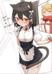 1femboy 1girl 1girls animal_ears black_hair blonde_femboy blonde_hair blue_eyes cat_ears cat_girl cat_tail crusader_(daebom) daebom garter_straps horny_female inviting iron_cross kemonomimi maid_apron maid_outfit maid_uniform nekomimi puma_(daebom) red_eyes shoulder_length_hair tail thighhighs