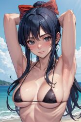 1girls ai_generated armpits arms_behind_head bikini black_bikini blue_hair breasts brown_eyes cleavage female female_only hair_ribbon hi_res looking_at_viewer medium_breasts ponytail pose posing sakura_shinguji sakura_wars seductive seductive_smile sega sensual sexy_armpits smile solo