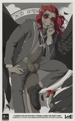 absurd_res anthro balls big_balls big_penis bottomwear clothed clothing erection feathered_wings feathers footwear genitals grin hair hi_res humanoid_genitalia humanoid_penis jacket looking_at_viewer male pants partially_colored penis poking_out red_hair shoes smile solo topwear vesper_art wings