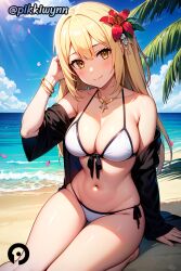 ai_generated aiz_wallenstein bare_shoulders beach bikini black_jacket blonde_hair blush bracelet breasts cleavage closed_mouth cloud collarbone day dungeon_ni_deai_wo_motomeru_no_wa_machigatteiru_darou_ka female flower front-tie_bikini_top front-tie_top hair_flower hair_ornament halterneck hand_up hibiscus jacket jewelry large_breasts long_hair looking_at_viewer navel necklace ocean off_shoulder open_clothes open_jacket outdoors petals pikkiwynn side-tie_bikini_bottom sitting sky smile solo stomach string_bikini sunlight swimsuit swimsuit_cover-up thighs water white_bikini yellow_eyes