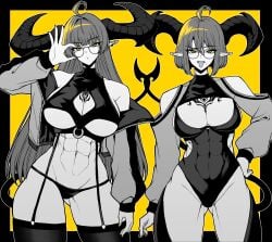 2023 2girls abs absurd_res adjusting_glasses ahoge arm_up ass_visible_through_thighs bare_shoulders big_horns black_border breasts chest_tattoo cleavage cleavage_cutout clothing covered_navel crop_top cropped_jacket demon_girl demon_horns demon_tail ear_piercing eyebrows_visible_through_hair female female_only garter_straps glasses hair_between_eyes hand_on_hip heart_tattoo highleg highleg_leotard highres horns jewelry large_breasts leotard lilith's_sister_(yones81239278) lilith_(yones81239278) long_ears long_hair long_sleeves looking_at_viewer midriff mole mole_under_eye mole_under_mouth multiple_girls muscles nail_polish navel open_clothes open_jacket open_mouth original panties piercing pointy_ears raised_tail revealing_clothes shirt short_hair shoulder_cutout siblings simple_background sisters skin_tight sleeveless sleeveless_shirt spot_color standing succubus tattoo teeth thick_thighs thighhighs thighs tight_clothing toned toned_female tongue tongue_out underboob underboob_cutout underwear unzipped very_long_hair yellow_background yellow_eyes yellow_nails yones81239278