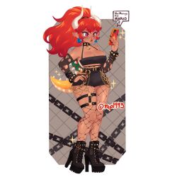 1girls black_fingernails bowsette bracelet bracelets chains choker cleavage dark-skinned_female dark_skin earrings female female_only fishnet_legwear fishnets goth high_heel_boots high_heeled_boots high_heels horns large_hips looking_at_phone mario_(series) new_super_mario_bros._u_deluxe painted_nails phone rap1993 red_bowsette red_eyes red_hair shorts solo spiked_bracelet spiked_collar tail torn_clothes torn_clothing torn_legwear wide_hips