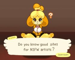 1girls 2021 animal_crossing animated blonde_hair blush bouncing_breasts breasts canine clothed clothing derpyharpy dialogue dildo domestic_dog female female_only isabelle_(animal_crossing) masturbation paws pussy question_mark solo solo_female speech_bubble yellow_fur