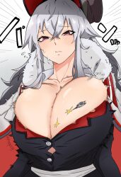 1girls azur_lane blouse blush breasts bursting_breasts cape cleavage cleavage_cutout clothing_cutout collarbone female female_only fur_collar fur_trim graf_zeppelin_(azur_lane) grey_hair hair_between_eyes highres huge_breasts iron_blood_(azur_lane) large_breasts light-skinned_female light_skin long_hair messy_hair neinlol popped_button red_eyes shirt solo sweat white_background