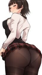 1girls annoyed ass atlus big_butt blush butt butt_focus closed_mouth embarrassed female female_only huge_butt kurosususu looking_at_viewer looking_back looking_back_at_viewer makoto_niijima megami_tensei miniskirt panties panties_under_pantyhose pantyhose persona persona_5 rear_view sega solo underwear wavy_mouth white_background