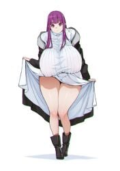 barely_visible_nipples expressionless fern_(sousou_no_frieren) full_body fully_clothed gigantic_breasts huge_thighs hunched_over nipple_bulge see-through skirt_lift slivokuch sousou_no_frieren thick_thighs upskirt wide_hips