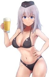 1girls alcohol artist_request beer beer_mug big_breasts bikini black_bikini blue_eyes breasts busty cleavage female female_only girls_und_panzer green_hair hand_on_own_hip hi_res highres itsumi_erika large_breasts legs looking_at_viewer medium_hair mug navel sensual smile solo sweat swimsuit thighs