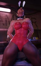 1girls 3d 3d_(artwork) black_hair brown_body brown_skin bunny_ears bunny_girl bunnysuit dark-skinned_female dark_skin egyptian egyptian_female fareeha_amari female human indoors large_breasts overwatch pharah tanuking3d tattoo