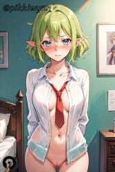 ai_generated arms_behind_back bangs blue_eyes blush breasts censored closed_mouth collarbone collared_shirt cowboy_shot dungeon_ni_deai_wo_motomeru_no_wa_machigatteiru_darou_ka elf female green_hair indoors long_sleeves looking_at_viewer medium_breasts naked_shirt navel necktie no_bra open_clothes open_shirt pikkiwynn pointy_ears pussy red_necktie ryuu_lion shirt short_hair solo white_shirt