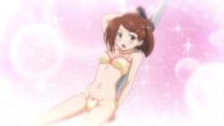 1girl 1girls arm_behind_back arm_up armpits artist_request bra breasts brown_hair female female_focus female_only kissxsis legs looking_at_viewer medium_breasts navel panties pole_dancing ponytail pose posing screencap smile solo solo_female stripper_pole suminoe_ako thighs yellow_eyes