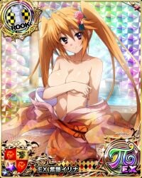 1girls ahoge arm_support big_breasts breasts busty card_(medium) covering covering_breasts female female_focus female_only hair_between_eyes hair_ornament high_school_dxd high_school_dxd_born highres japanese_clothes large_breasts long_hair looking_at_viewer navel official_art onsen orange_hair purple_eyes shidou_irina smile solo teasing topless twintails very_long_hair