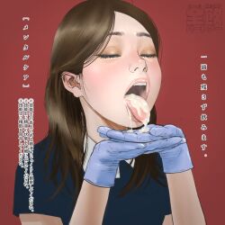 1boy asian_female brown_hair closed_eyes cum cum_drip cum_in_mouth cum_inside female gloves kawakit nurse