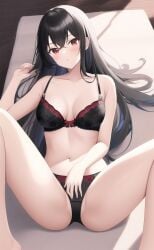 1girls ai_generated black_hair bra claire_kagenou kage_no_jitsuryokusha_ni_naritakute! long_hair panties red_eyes spread_legs tagme the_eminence_in_shadow underwear