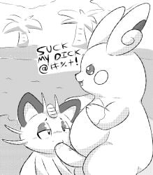 alolan_meowth alolan_raichu blush feline flipnote_studio furry half-closed_eyes hand_on_head meowth mincheeto monochrome open_mouth oral oral_sex pokémon_(species) pokemon pokemon_(species) precum raichu semi-anthro tagme