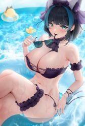 1girls ass_visible_through_thighs azur_lane cheshire_(azur_lane) cheshire_(summery_date!)_(azur_lane) crossed_legs cute_fang floatie frilled_bikini frilled_thigh_strap huge_breasts large_ass light-skinned_female light_skin looking_to_the_side meraring royal_navy_(azur_lane) rubber_duck seductive_smile smile swimsuit thighs wet_skin