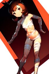 2023 ai_generated ass_visible_through_thighs bandaged_leg bandages bangs bianca_(pokemon_heroes) bracelet breasts brown_eyes brown_hair closed_mouth collarbone eyelashes fetched halloween high_resolution highres knees looking_at_viewer naked_bandage navel nintendo phalzu pokemon self_upload shiny shiny_hair shiny_skin short_hair small_breasts solo standing