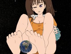 2d diane_(nanatsu_no_taizai) earth feet female foot_fetish foot_focus fully_clothed giantess gigantic_ass gigantic_breasts nanatsu_no_taizai no_penetration planetary soles solo solo_female toes