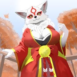 1girl 1girls amaterasu amaterasu_(okami) anthro anthro_only female female_only furry golden_eyes japanese japanese_clothes japanese_clothing japanese_mythology okami okami_(capcom) red_lipstick tagme white_body white_fur wolf wolf_ears wolf_girl wolf_tail