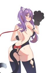 anal anal_access anal_tail ass ass_focus blush bowtie cat_costume catgirl female genshin_impact keqing_(genshin_impact) leash long_hair looking_at_viewer looking_back paw_gloves pixxel purple_eyes purple_hair tail tail_plug thighhighs twintails