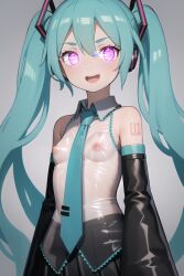 ai_generated aqua_hair bare_shoulders brittle detached_sleeves hair_ornament hatsune_miku long_hair looking_at_viewer mind_break mind_control necktie nipples open_mouth pink_eyes see-through shoulder_tattoo skirt sleeveless_shirt small_breasts smile stable_diffusion standing tattoo twintails upper_body