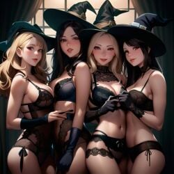 4girls ai_generated ai_mirror belly_button black_hair black_underwear blonde_hair blue_underwear blush bodysuit breast_press brown_eyes curtains gloves grey_eyes holding_hands hug lingerie_only long_hair looking_at_viewer medium_breasts small_breasts white_skin window witch witch_hat