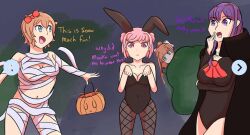 4girls artist_request artist_unknown breasts cleavage doki_doki_literature_club english_text female female_only halloween halloween_costume monika_(doki_doki_literature_club) multiple_girls mummy natsuki_(doki_doki_literature_club) sayori_(doki_doki_literature_club) text unknown_artist white_bow yuri_(doki_doki_literature_club)