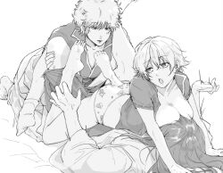 1girls 2boys barefoot bisexual bisexual_male breasts_on_head breasts_out canon_genderswap cleavage dual_persona feet_up female genderswap_(mtf) ginko_sakata gintama gintoki_sakata haori implied_sex japanese_clothes katsura_kotarou kimono long_hair_male lying_on_person male malesub mew_(pixiv) mmf_threesome monochrome no_bra on_back on_stomach open_shirt panties questionable_consent rule_63 short_hair soles strawberry_print threesome very_short_hair yaoi