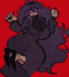 1girls @_@ ass big_breasts black_nails blush breasts dress female female_focus goth goth_girl hex_maniac huge_ass huge_breasts long_hair long_sleeves nail_polish painted_nails pokemon pokemon_xy purple_eyes purple_hair red_background solo swirly_eyes thick_thighs wide_hips widisu