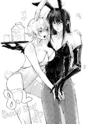 1boy 1girls big_breasts blush bunny_boy bunny_ears bunny_girl bunny_tail bunnysuit canon_genderswap crossdressing elbow_gloves embarrassed female genderswap_(mtf) ginko_sakata gintama gintoki_sakata gloves hand_on_another's_shoulder katsura_kotarou latex latex_gloves long_hair_male looking_at_another male male_playboy_bunny mew_(pixiv) milk milk_carton monochrome playboy_bunny rule_63 short_hair sweatdrop thighhighs tray very_short_hair