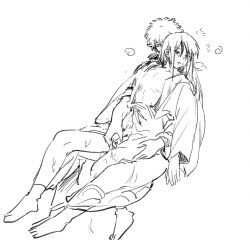 2boys from_behind full_body gay gintama gintoki_sakata holding_penis japanese_clothes katsura_kotarou kimono long_hair long_hair_male male male_only mew_(pixiv) monochrome open_kimono penis sitting sitting_on_lap sitting_on_person sketch yaoi