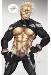 1boy abs balls ballsack bara beard_stubble biceps big_balls big_penis blonde_hair body_hair bodysuit boku_no_hero_academia boner bracelet bubaigawara_jin erection facial_hair feet_out_of_frame foreskin gay gay_male hairy highres huge_pectorals intact jewelry jin_bubaigawara male male_focus male_only manly mature_male measuring_tape muscles muscular muscular_male my_hero_academia nipples pants_down partially_retracted_foreskin pectorals penis penis_out precum saliva saliva_trail scar scar_on_face scrotum simple_background smirk solo solo_male soynutts spandex speech_bubble spiked_hair stubble suit sweat sweating tape_measure teeth thick_penis tight_clothes twice uncut veins veiny_penis