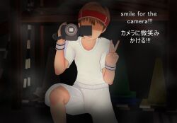 1boy 2023 3d :d absurd_res absurdres assistant background_character brown_hair camera cheating cheating_wife cuckold dialogue english_text faceless faceless_male hat hi_res high_resolution highres himawari_wa_yoru_ni_saku holding_camera japanese_text kneeling male netorare ntr open-mouth_smile open_mouth peace_sign tennis_uniform translated uniform v video_camera vyrus_smith