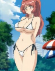 1girls animated aniyome_wa_ijippari blush breasts discovery_(company) female female_only huge_breasts lover-in-law mature_female micro_bikini milf nipples nipples_visible_through_clothing red_hair screenshot solo solo_female swimsuit takama_kozue