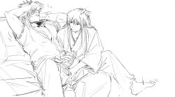 2boys arm_up bar_censor covered_eyes erection fully_clothed gay gintama gintoki_sakata hand_on_another's_head handjob katsura_kotarou kimono leaning_back long_hair long_hair_male male male_only mew_(pixiv) monochrome penis penis_out sitting sketch sofa yaoi