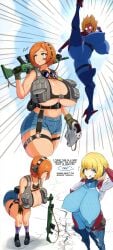 2girls ass blonde_hair blue_eyes breasts covered_nipples cyborg earthquake female_focus gavianart huge_breasts multiple_girls nipples orange_hair short_hair suvi_the_cyborgess thick_thighs wide_hips