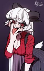 animal_ears animal_tail baphomet_(grizz) blush demon_girl goat_horns goat_tail grizz056 helltaker horns long_hair red_eyes red_shirt tongue_out white_hair