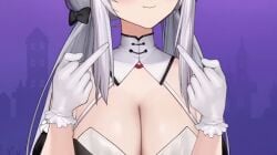 1girls big_breasts cleavage cute cute_fang female female_only flipping_off hidden_eyes humiliating indie_virtual_youtuber large_breasts official_model screenshot silver_hair smiling succubus veibae virtual_youtuber