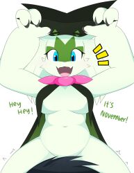 1girls 2023 big_breasts blue_eyes breasts cheek_tuft claws cute_fangs english english_text fangs female female_only furry furry_only generation_9_pokemon green_body green_fur looking_at_viewer maskless_meowscarada meowscarada nakachidragon navel no_nut_november open_mouth pokémon_(species) pokemon pokemon_(species) pokemon_sv simple_background tongue