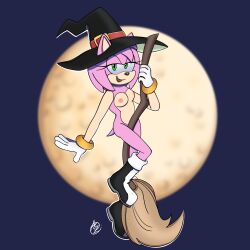 1girls amy_rose broom broom_riding female innotsu sega smug solo sonic_(series) sonic_the_hedgehog_(series) witch witch_costume witch_hat