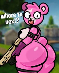 assault_rifle big_ass big_breasts breasts bubble_butt cuddle_team_leader fortnite fortnite:_battle_royale gun holding_weapon huge_ass lewdewott looking_at_viewer looking_back outside